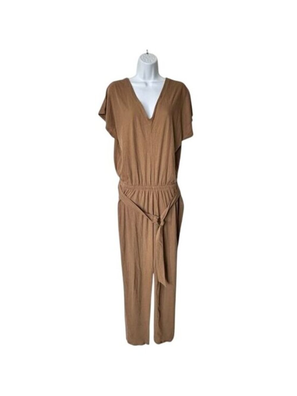 Relaxed V-Neck Camel Jumpsuit with Tie Waist - Picture 1 of 10